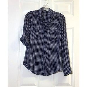 Express Shirt Blouse Size SP Portofino Navy White Pockets Long Roll Tab Sleeves